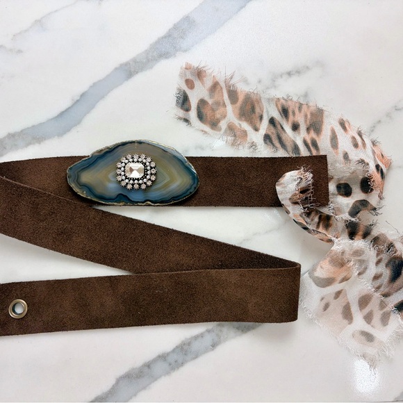 Brown Suede Hat Band with luxe Agate Crystal/ rhinestone center. - Picture 8 of 8